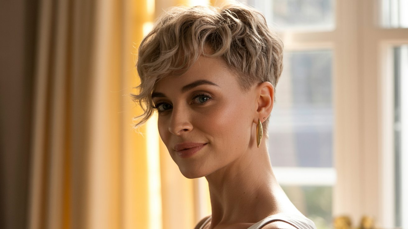 A woman with a soft undercut pixie cut and gold hoop earrings, showcasing a stylish and modern look.
