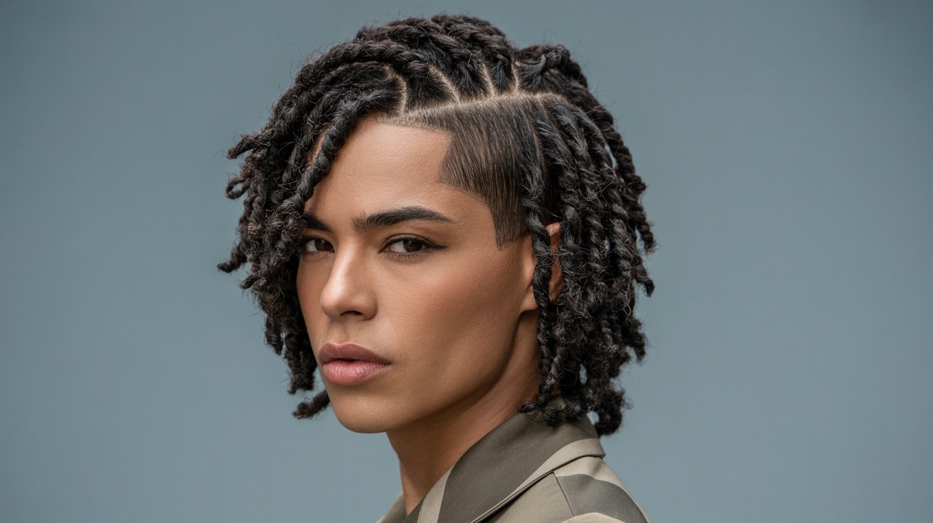 A man with dreadlocks styled in medium wicks, wearing a military jacket, poses confidently.